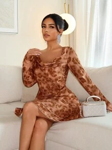 SHEIN SXY Women Leopard Print Plunging Neck Long Sleeve Fashion Dress,Brown,Autumn,70s,Club Night,Party, Valentine's Day Vacation Beach Outfit Spring Summer - Multicolor - View 3