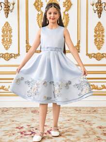 SHEIN Tween Girls Elegant Floral 2 Pieces Set: Dress With Detachable Cloak - Blue - View 3