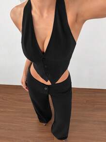 SHEIN EZwear Women Old Money Style Black Solid Backless Halter Tank Top And Pants Set - Black - View 5