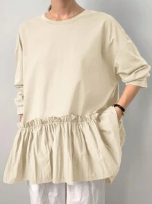 FRIFUL Women Casual Ruffle Hem Patchwork Loose T-Shirt - Beige - View 1