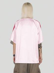 Coolane Women's Oversized Streetwear T-Shirt: Pink Satin Graphic Tee With Red Stripes