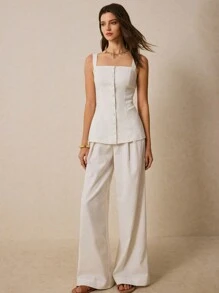 Poéselle Women's Two-Piece White Two-Piece Button-Down Top And Wide-Leg Pants 2pcs Women Elegant Commuter Solid Color Front Button Camisole & Wide Leg Pants Set Linen Vest Set Women Two Piece Sets Beach Women Outfits Summer Women Outfit Women Clothes Workout Women Sets Summer Clothes Summer Women Clothes Women Suits White Women Outfits Office Women Outfits Summer Sets Women Linen Pants Western Wear Women Festival Boho Hippie Old Money Bohemian - White - View 5