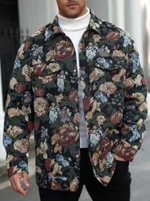 Manfinity Homme Plus Size Men's Floral Jacquard Pattern Single Breasted Long Sleeve Jacket