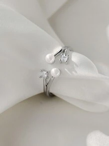 1pc Bague Ouverte Personnalisée et Élégante à Deux Couches de Faux Perles et de Zircone Cubique