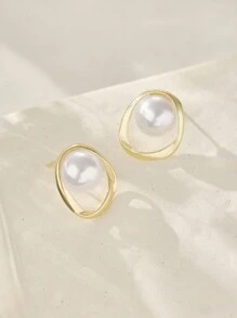 Faux Pearl Decor Geometric Design Stud Earrings Winter Gifts - Yellow Gold - View 3