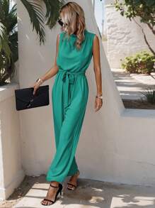 SHEIN Clasi Casual Minimalist Solid Color Sleeveless Jumpsuit - Mint Blue - View 3