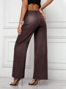 SHEIN PETITE Women's Solid Color Pocketed Wide Leg Loose Casual Pants Fall Cloth For Women