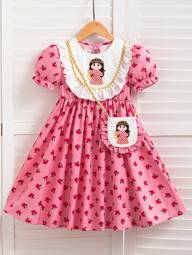 SHEIN Young Girls Green Abaya Kaftan Jalabiya Ramadan Ramadan Girls Local Costume, Ditsy Floral Long Dress With Ruffle Hem And Embellished Trim, Modest Dress For Outings Paired With Handbag