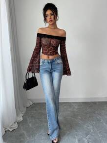 Elenzga 女式豹纹印花透明性感度假露肩蕾丝花边半透明喇叭袖长袖 T 恤 - 棕色 - 查看 4