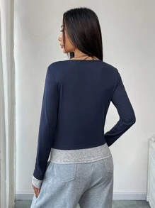 Women's Colorblock Button Half Placket Long Sleeve Casual T-Shirt Fall Cloth For Women - Navy Blue - View 2