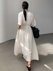 Dazy-Less Lässiges, geschäftsmäßiges, locker designtes asymmetrisches Knopf-Taille Midi-Kleid für Frauen, Outfit für Lehrerinnen