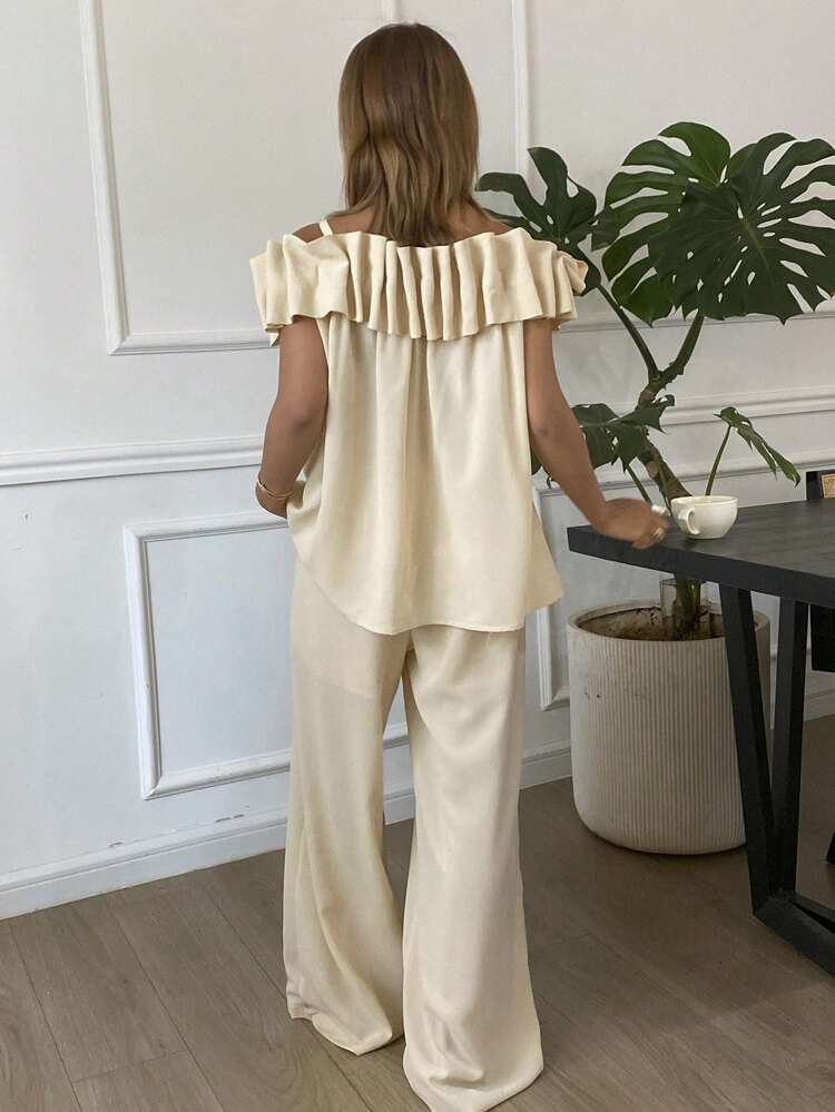 Elegant Solid Color Loose Pleated Off Shoulder Blouse & Wide Leg Pants 2 Pieces Outfit, Suitable For Spring & Summer, Women