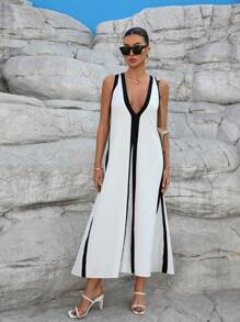 Breezaya Women's Color Block Deep V Neck Sleeveless Casual A Line Dress - White - View 6