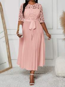 Fleurora Plus Size Holiday Casual Solid Color Lace Splice Empire Waist Pleated Hem Summer Dress Fall Women Clothes Fall Women Dresses