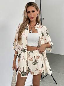 SHEIN Essnce 2 件套女士度假棕榈树印花短袖衬衫和短裤 - 彩色 - 查看 2