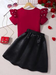 SHEIN 2pcs Set: Beaded Cap Sleeve Blouse + Bow Waist Band Mini Skirt - Red - View 2