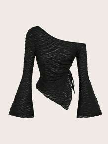 SHEIN MOD Women's Casual Solid Color Knitted Asymmetrical Neck Flare Sleeve Slim Asymmetrical Hem Top