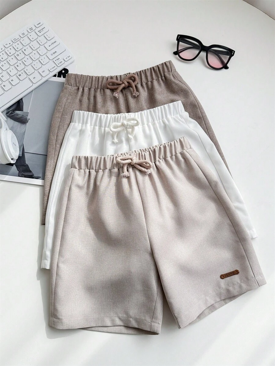 SHEIN Leap Crew 3pcs Young Boys Casual Academy Style Solid Color Elastic Waist Drawstring Shorts Set - White - View 1