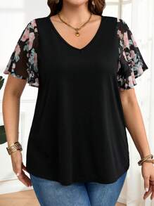 EMERY ROSE Plus Size Women's V Neck Black Floral Chiffon Bell Sleeve  Elegant Women's Top Summer Outfits  Spring Outfits For Women - Multicolor - View 3