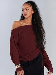 Athîral 女士休闲纯色不对称领抽绳上衣，秋季，复古款上衣，端庄，机场