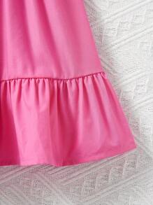 SHEIN 女婴可爱荷叶边短袖休闲粉色连衣裙 - 玫紅色 - 查看 6