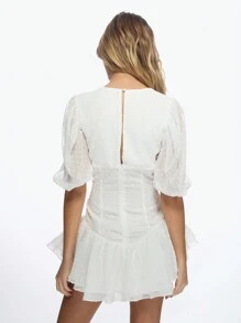 MISSGUIDED Dobby Mini Dress Milkmaid Puff Sleeve Square Neck Party Ruffle Hem Evening Wedding Guest Empire Waist Date Night Summer Spring - White - View 2