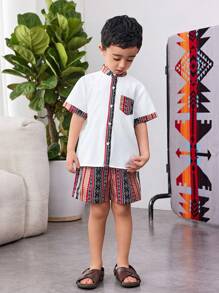 2 Pieces Set Of Young Boy Casual Geo Print Standing Collar Shirt And Shorts Set Suitable For Birthday Parties - White - View 10