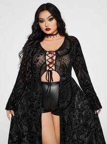 SHEIN ICON Plus Size Ruffle V-Neck Long Knit Sweater Top, Thermal Lined Long Top - Black - View 3