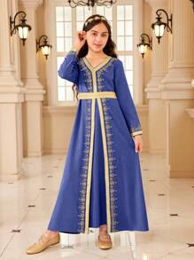 SHEIN Tween Girls Minimalist Fashion Long Sleeve Casual Everyday Dress - Royal Blue - View 3