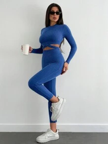 SHEIN Ensemble casual femme, t-shirt court à manches longues de couleur unie et pantalon