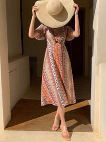 DAZY Midi-Kleid mit Blumenmuster und V-Ausschnitt für Frauen, Outfit für Kreuzfahrten, Boho-Urlaubsoutfit für Frauen - Rot - Übersicht 6