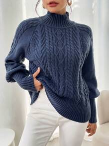 Women Plus Size Casual Solid Color Knitted Pullover Sweater, Versatile, High Neck, Long Sleeve - Blue - View 1