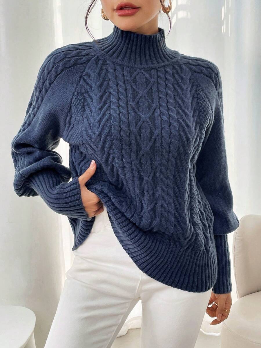 Women Plus Size Casual Solid Color Knitted Pullover Sweater, Versatile, High Neck, Long Sleeve - Blue - View 1
