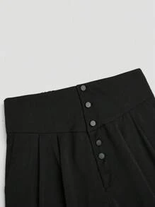 Sweetra Pantalones de talla grande de unicolor, de cintura alta, con pliegues y botones delanteros, de estilo minimalista casual