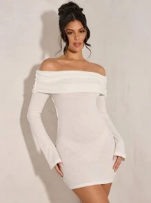 SHEIN BAE Damen Winter Lässig Elegant Off-Shoulder Kleid mit Cut Out Rücken und langen ausgestellten Ärmeln, Damen Vintage Mini Kleid geeignet für romantische Dates, Partys, formelle Anlässe, Weihnachten - Weiss - Übersicht 7
