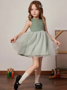 PrepCrw Vestido de punto verde con malla de contraste, estilo academia, para niñas, primavera/verano