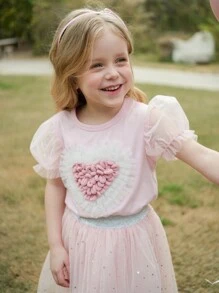 SHEIN Young Girls' Puff Sleeve Heart Decor Mesh Puff Sleeve Short Sleeve T-Shirt, Comfortable Round Neck, Cute & Fashionable, Spring & Summer