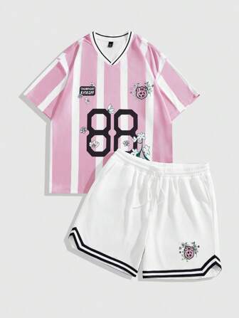 Prep Men's Jersey Contrast Stripe & Numeric Print Short Sleeve Top And Shorts Sports Outfit