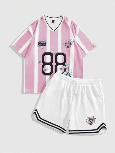 Prep Men's Jersey Contrast Stripe & Numeric Print Short Sleeve Top And Shorts Sports Outfit