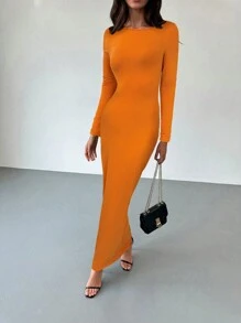 Aloruh Women's Backless Solid Color Casual Dress, Simple Style For Everyday Wear - Orange - View 4
