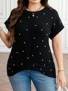 Gownix 大码女式仿珍珠装饰短袖休闲 T 恤 - 黑色 - 查看 3