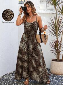Flirla Plus Size Women Sexy Chiffon Leopard Print Spaghetti Strap Vacation Dress - Multicolor - View 1