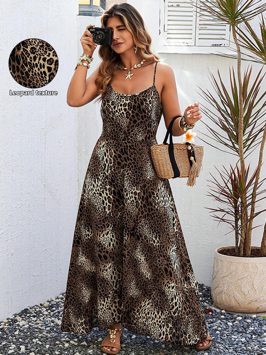 Flirla Plus Size Women Sexy Chiffon Leopard Print Spaghetti Strap Vacation Dress - Multicolor - View 1