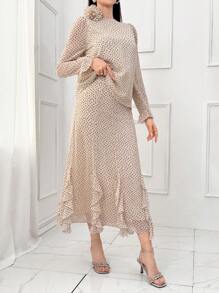 Al Najma 女士波尔卡圆点印花长袖上衣和中长裙阿拉伯服装套装 - 杏色 - 查看 6
