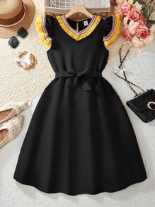 SHEIN Tween Girl Patchwork Fringe Trim Cap Sleeve Dress - Black - View 1