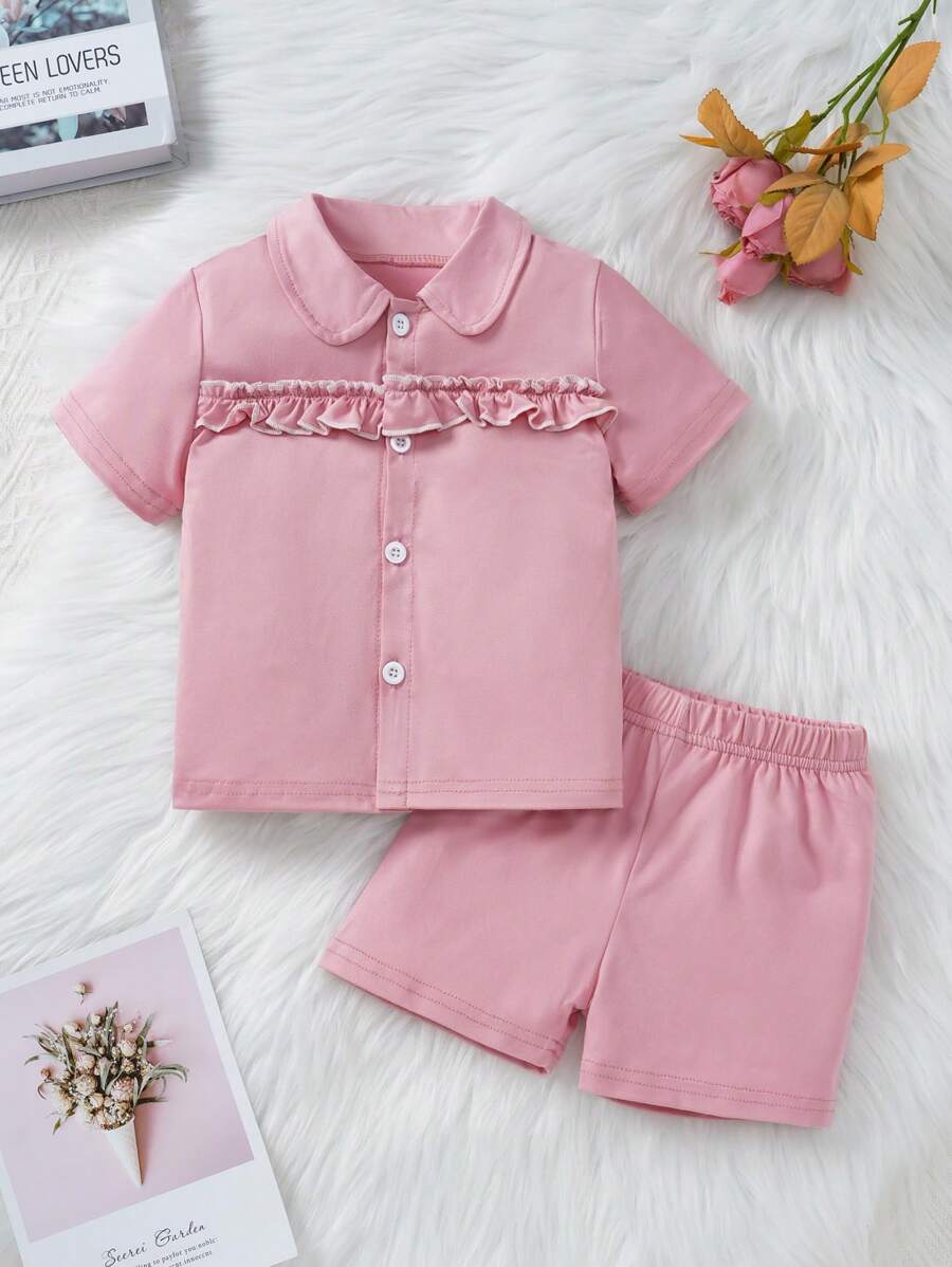 2pcs/Set Baby Girls Solid Color Cute Simple Short Sleeve Shirt And Shorts Homewear Set - Pink - View 1