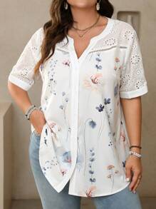 SHEIN LUNE Plus Size Women Floral Print Embroidery Short Sleeve Blouse