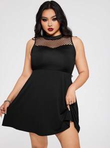 SHEIN ICON 加大码圆领无袖网眼拼布 A 字形连衣裙，Y2K 朋克哥特风格，带口袋 - 黑色 - 查看 4