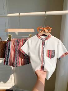 2 Pieces Set Of Young Boy Casual Geo Print Standing Collar Shirt And Shorts Set Suitable For Birthday Parties - White - View 3