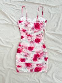 Soleia Women's Holiday Pink Romantic Mesh Printing Ruched Strap Mini Dress, Can Be Worn Indoors Or Outdoors, For Party, Date, Afternoon Tea, Beach, Summer Outfit - Multicolor - View 2